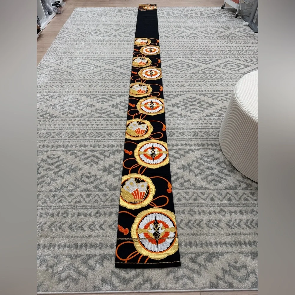 Vintage Japanese Obi Table Runner Black Gold Crane 13 Ft